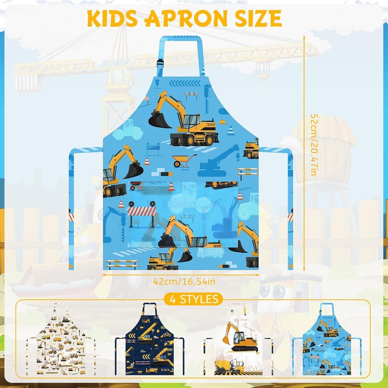 PLULON 4 Pcs Aprons with Pockets Painting Apron for Kids, Kids Apron Adjustable Strap Engineering Vehicles Bulldozer Excavator Truck Apron for Painting Cooking Baking Girls Boys, 3-8 Years - Image 2